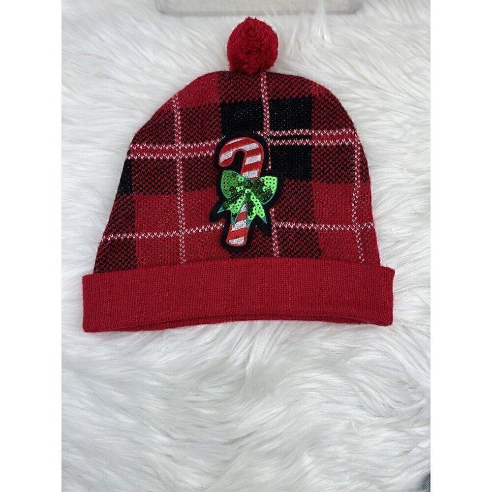 Ugly Sweater Christmas Beanie Hat Cap Sequin Candy Cane Red Black Plaid Pom Pom
